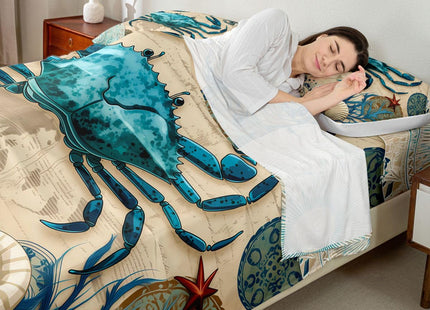 Beach Theme Bedding Set Kids Beach Crabs Print Twin 3 Piece Sheet Set 3D Crab Luxury Microfiber Bed Sheets Set (1 Fitted Sheet, 1 Flat Sheet, 1 Pillowcase)Soft Cute Marine Life Decorative Bedding