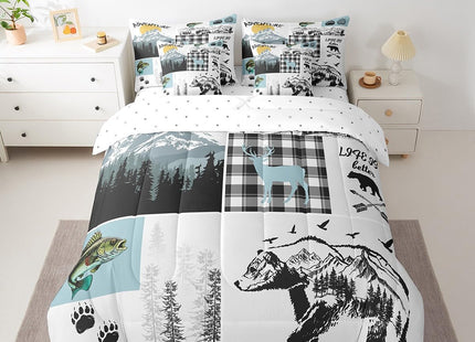 Erosebridal Cabin Bear Deer Comforter Set Queen 7 Piece Hunting Fishing Bass Fish Bedding Set with Sheets,Rustic Farmhouse Buffalo Plaid Bed in A Bag for Kids Boys Men Woodland Animal Bed Set