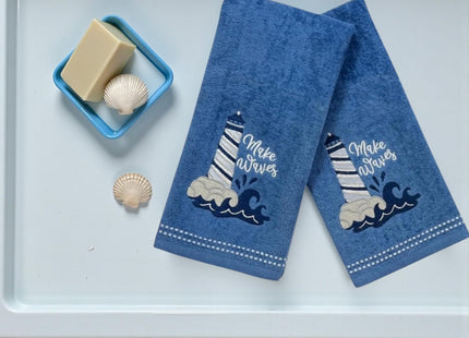 Coastal Guest Hand Bathroom Towels, Navy Make Waves Lighthouse, 16x25