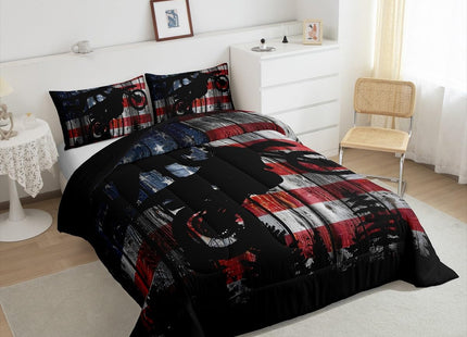 Homewish American Flag Bedding Set Full Size Boys Dirt Bike Racing Motocross Rider Comforter Set Kids Teens Men Rustic Farmhouse Wooden Quilt Set Retro Black Pine Tree Silhouette Duvet Insert 3pcs