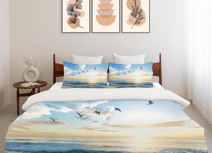 jamie world Beach Ocean Bedding Set Twin Full Queen King Size Coastal Bird Duvet Comforter Cover Sunrise Flower Cozy Quilt Cover Decorative Soft Bed Sets with 2 Pillowcases for Kids Adults