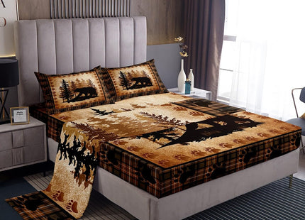 Castle Fairy Bear Print Bed Sheet Set for Boys Girls,Wild Animal Hunt Pine Trees Retro Bed Sheet Set Full Size Bedding Set,Rustic Grid Plaid Cabin Decor Fitted Sheet and 1 Flat, 2 Pillow Sham