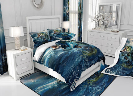Feelyou Pike Fish Bedding Set Queen Size Bass Big Fish Comforter Set for Kids Boys Girls Decor Fishing and Hunting Comforter Ocean Theme Duvet Set