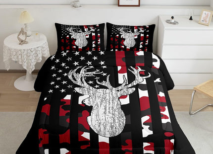 Camo Deer Comforter Set Queen Red Black Camouflage American Flag Bedding Set For Teen Boys Kid,Western Hunting Antler Bedding Comforter Sets Woodland Animal Quilt Set Rustic Farmhouse Room Decor 3 Pcs