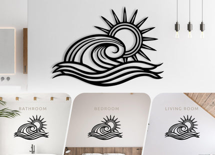 Wita Home Ocean Wave Metal Wall Art, Sun Beach Decor, Coastal Large Wall Sculpture for Home, Indoor/Outdoor Use, Nautical Wall Hanging, Eye-Catching Addition to Living Room (Black, 24 x 14 inches)