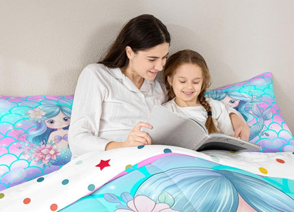 Erosebridal Kids Mermaid Full Size Comforter Sets for Girls Blue Pink Sparkle Mermaid Bedding Pastel Fish Scale Bedding Comforter Sets Coastal Beach Duvet Insert for Toddler Teen Cartoon Bed Set 3pcs