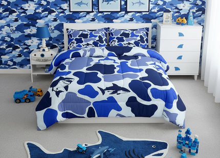 Navy Blue Camo Full Size Comforter Set,Shark Camouflage Bedding Comforters Bedroom Collection,Sea Nautical Marine Animal Duvet Insert,Ocean Adventure Room Decor 3 Pcs Bedding Set for Girls Teens