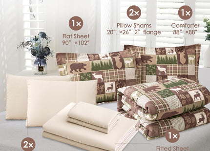 Comforter Set Queen Size Bear Moose Plaid Comforter Bedding-7 Piece Bed in a Bag,Soft Reversible Patchwork Microfiber Bedding Set (1 Comforter,1 Flat Sheet,1 Fitted Sheet,2 Pillowcases,2 Pillow Shams)