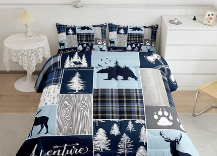 Hunting Bear Deer Quilt,Christmas Buffalo Plaid Comforter Set Twin Size Rustic Cabin Patchwork Duvet Sets For Kids Boys Teens Adult,Farmhouse Cowboy Woodland Bedding Set,1 Pillow Case,Blue Grey