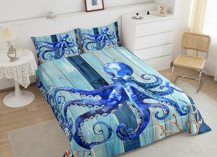 Erosebridal Blue Ocean Bedding Set Octopus Tentacles Comforter Set for Kids Child Wooden Plank Mandala Boho Floral Duvet Insert Under Sea Coral Reptile Duvet Filler Nautical Sea Animal Room Decor