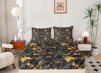 Castle Fairy Natural Bed Sheets 4 Pcs Full Size for Room Decor Forest Woods Deep Pocket,1 Fitted Sheet 1 Flat Sheet 2 Pillowcases,Nature Camo Tree Leaves Bedding Set,Green