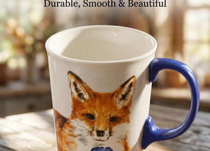 TZSSP 17oz Ceramic Travel Mug with Flip Lid & Handle, Red Fox & Blue Poppy