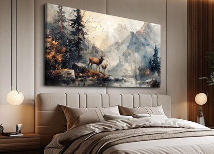 FUHAIHUA Canvas Wall Art for Living Room, Mountain Forest Deer Landscape 30x60 Inches