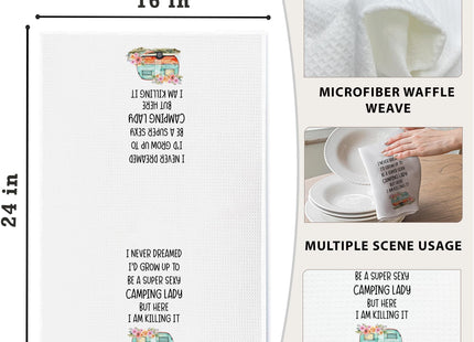 Sahjzk Camping Kitchen Towels 16x24 Waffle Weave, I Never Dreamed I’d Grow Up to Be a Super Sexy Camping Lady Dish Towels, Camp RV Gifts for Women, Gifts for Campers -A01