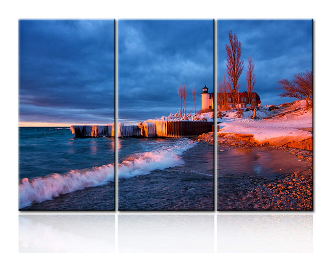 Large 3 Pieces Canvas Prints Wall Art Beautiful Michigan Landscape Lighthouse at Sunset on the Waters Surface Pictures Modern Home Decor Stretched Gallery Wrap Giclee Print Ready to Hang - 28''x42''