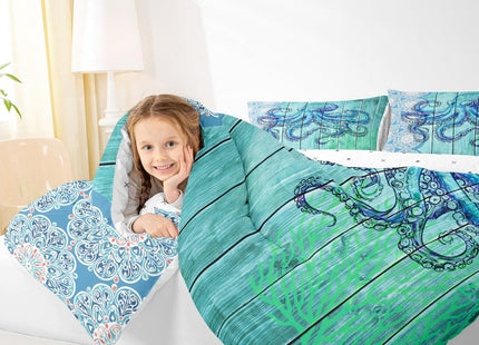 Erosebridal Octopus Print Comforter Twin Ocean Themed Bedding Set Boho Mandala Duvet Set Blue Coral Quilt Set 2pcs Sea Wildlife Down Alternative Comforter with 1 Pillowcase Blue Bedroom Comforter Set