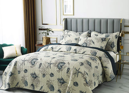 Brandream Queen Size Blue Ocean Quilted Comforter Set Nautical Bedding Set 100% Cotton Bedspread Coverlet Set 3-Piece