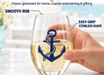 15oz Printed Nautical Stemless Wine Glasses, Set of 4, Anchor & Compass