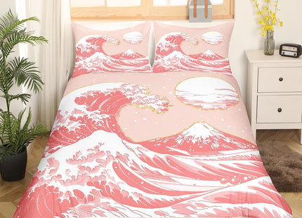 Feelyou Japanese Wave Bedding Set Full Size - Ocean Wave Comforter Cover Set for Kids, Boys, Girls, Teens - Ukiyoe Theme Home Decor Duvet Cover - Pink Japanese-Style Bedspread Cover