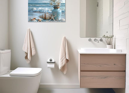 Blue Ocean Beach Bathroom Canvas Wall Art Starfish with White Flower Coastal Picture Wall Decor Seascape Poster Seaside Seashell Painting Print Artwork for Living Room Bedroom Restroom, Framed