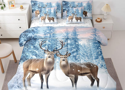 Erosebridal Deer 7 Pcs Comforter Set Twin Size,Winter Snowflake Reversible Bed in a Bag with Flat Sheet and Fitted Sheet,Hunting Deer Wild Animals Wildlife Bedding Set with Pillowcase & Sham
