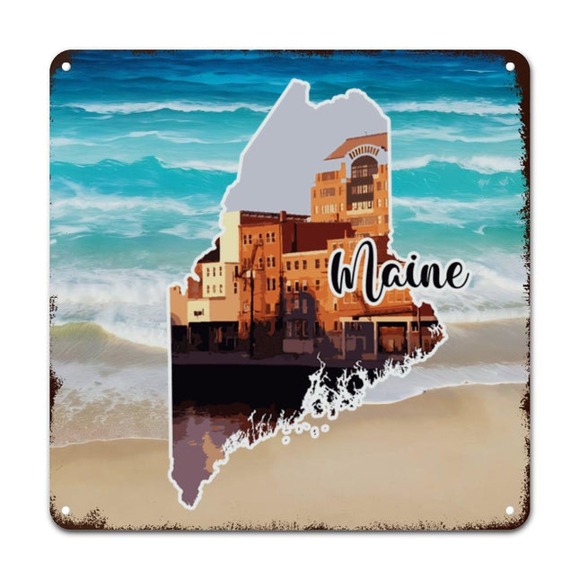 Woguangis Metal Signs Maine States Map Scenery America USA State Landscapes Plaque Maine Porch Decor Wall Art Plaque Retro Metal Tin Signs for Kid Room Living Room Garage Front Porch 15x15in