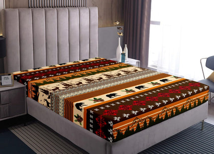 Erosebridal Woodland Bed Sheetss Twin,Abstract Bear Elk Deer Sheet Set Tribal Rustic Cabin Fitted Sheet for Boys Teens,Exotic Aztec Geometric Floral Top Sheet Western Wild Animal Room Decor,Brown