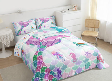Erosebridal Mermaid Tail Bedding Set,Nautical Sea Animal Kawaii Down Comforter Queen Size,Fish Scale Sparkle Sequins Comforter Set Sea Turtle Octopus Duvet Filler Jellyfish Seahorse Bedroom Decor
