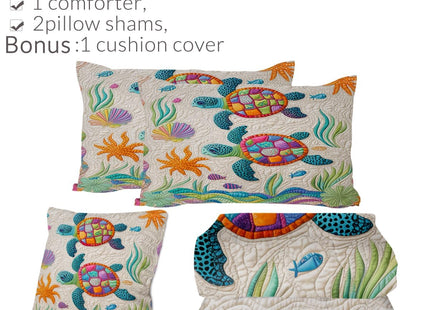 Sleepwish Queen Comforter Set 3D Sea Turtle, Quilt-Look & Embroidery-Look