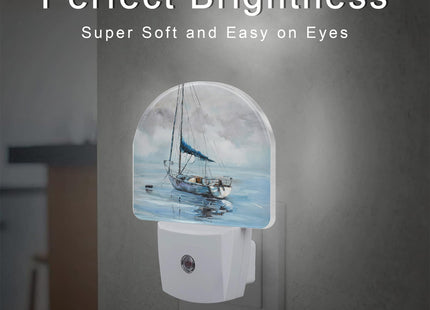 sndheke Blue Sailboat in Harbor Night Light Plug into Wall, Boat Ocean Oil Painting Dusk to Dawn Night Light Plug in,0.5w Energy Saving Sleep Friendly NightLight for Kids Boys Girls Home Decor