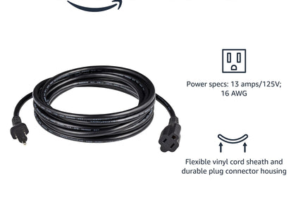 Amazon Basics Indoor Extension Cord, 13 Amps, 125V, 16 AWG, 15 Foot, Black, 2-Pack, 3-Prong Plugs