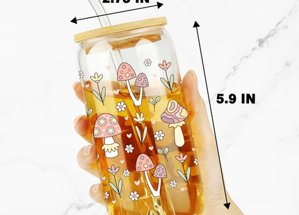 Mushroom Glass Cup with Bamboo Lids Straws, 16oz Retro Hippie Tumbler