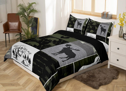 Hunting Rustic Lodge Bedding Set Twin, Deer Bear Patchwork Duvet Cover Retro Cabin Lodge Comforter Cover For Kids Teens Adult Men, Camping Moose Elk Quilt Cover With 2 Pillow Cases, Grey Black