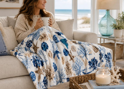 Ocean Coastal Shells Throw Blanket, Nautical Blues Beige on White, 50x70