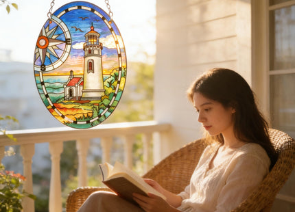 Lighthouse Garden Suncatcher for Window, Elliptic Stained Glass Window Hanging Memorial Gift Stained Glass Birthday Gift for Mom Sun Catchers Window Home Garden Christmas Party Wedding Decor (G)