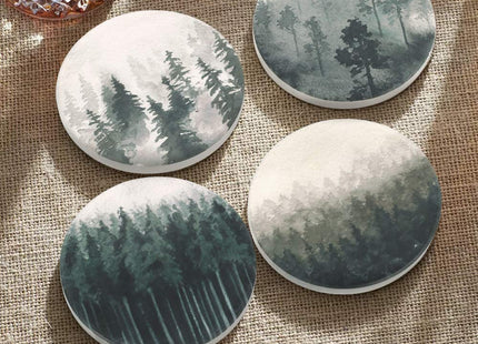 Lahome Forest Pattern Coasters - Round Drinks Absorbent Stone Coaster Set with Ceramic Stone and Cork Base for Kinds of Mugs and Cups (Forest, 4)