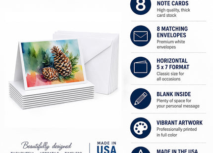 Caroline's Treasures DAC1665GCA7P Maine White Pine Cone and Tassels in Watercolor Greeting Cards and Envelopes Pack of 8 Blank Cards with Envelopes Whimsical A7 Size 5x7 Blank Greeting Cards