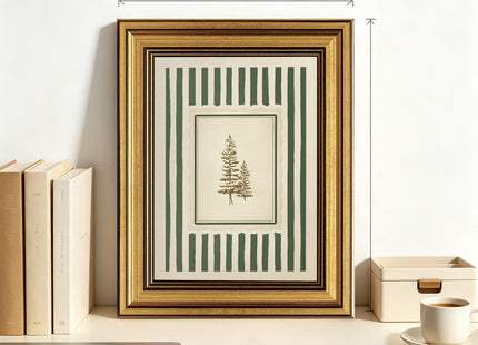 Vintage Gold Framed Wall Art Green Striped Pine Tree Botanical Canvas Print