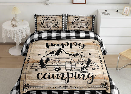 Erosebridal Happy Camping Bedding Sets King Western Lodge Cabin Comforter Set Black White Buffalo Plaid Duvet Insert Camper Theme Quilted Comforter Teens Adults Rustic Farmhouse Travel Trailers Decor