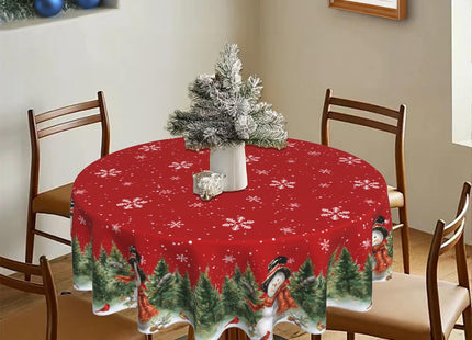 Christmas Snowman Round Tablecloth 60 Inch 100% Polyester Trees Snowflakes