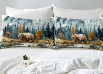 Bear Duvet Cover Set Twin Size,Hunting Animal Bedding Set Kids Boys Girls Room Decor,Tree Woodland Mountain River Bedspreads Cover 2Pcs,Nature Retro Rustic Comforter Cover,1 Pillowcase(NO Comforter)