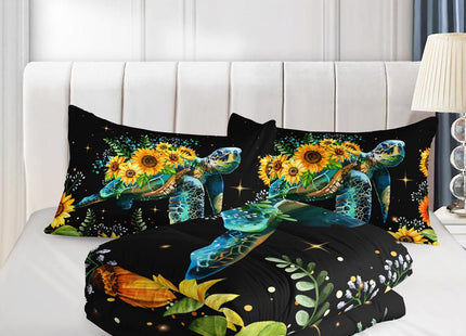 CVHOUSE Sea Turtle Comforter Set Twin Size,Ocean Turtle Sunflower Bedding Set for Kids,Ocean Turtle Sunflower Quilt Set Turtle Duvet Set Coastal Bedroom Decor 3 Pieces