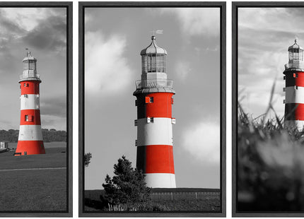 wall26 3 Panel Framed Canvas Wall Art - Bright Color Lighthouse with Black and White Landscape - Giclee Print Gallery Wrap Modern Home Art Ready to Hang - 16"x24"x3 Black