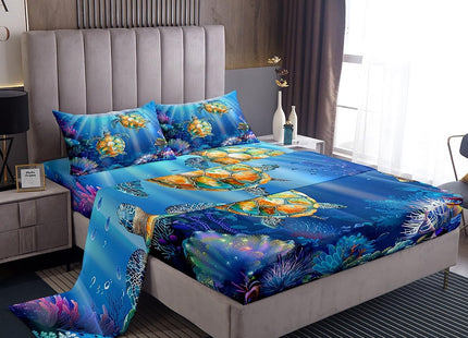 Sea Turtle Bed Sheet Set Twin Size,Swimming Fish Marine Life Fancy Blue Undersea World,Bedding Decor Set with 1 Flat & 1 Fitted Sheet with 1 Pillow Sham