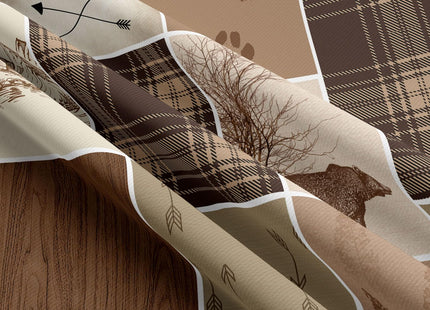 Rustic Cabin Bear Deer Shower Curtain, Country Brown Plaid Shower Curtain Set for Bathroom, Farmhouse Forest Nature Fabric Shower Curtain Restroom Bathtub Decor Accessories with Hooks 69x70inches