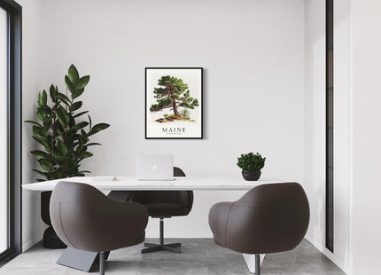 Maine State Tree Art Print, Maine Poster Wall art Decor, Maine State Map Travel Poster, Home Office Wall Decoration, Bedroom, Living Room Artwork. (Maine E, 16x20 inches + (Black Frame))