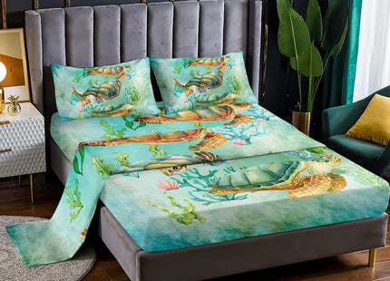 XYNHML Sea Turtle Fitted Sheet Retro Tortoise Bed Sheet Set Reptile Sea Animals Wildlife Bed Cover for Teens Adult Includes 1 Fitted Sheet,1 Flat Sheet,2 Pillowcases