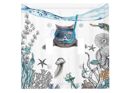 Funny Diving Cat Ocean Sea Seaweed Starfish 2 Gang Double Toggle Wall Plates Light Switch Cover Decorative Switchplate Faceplate for Bedroom Bathroom Kitchen Decor