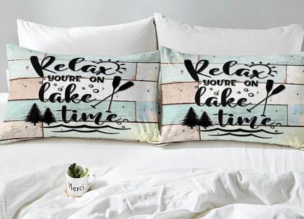 Lake Life Theme Duvet Cover Set Twin Size,Light Blue Green Wood Stripes Comforter Cover Rustic Farmhouse Style Bedding Set for Kids Girls Women Teens Room Decor Lake Cabin Quotes Quilt Cover 2pcs