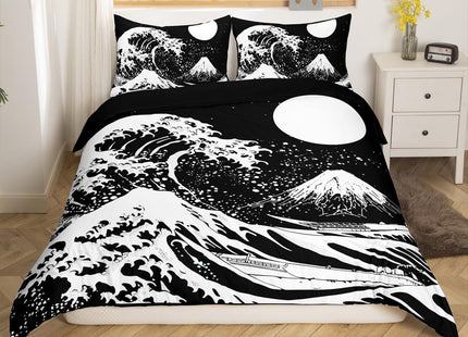 Erosebridal Moon Bedding Set Twin,Ocean Waves Duvet Cover Mountain Fuji Comforter Cover Japanese Style Bedspread Cover Marine Coastal Nautical Theme Quilt Cover White Black 3D Printed Bedroom Decor